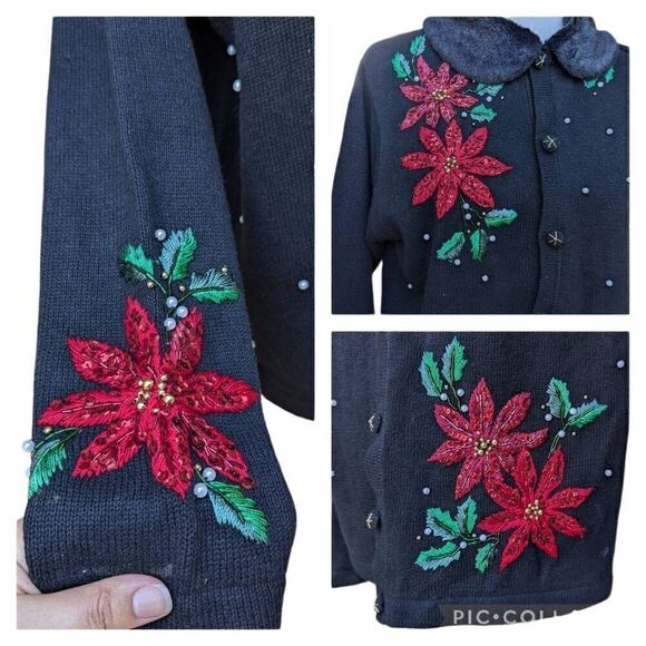Vintage Ugly Sweater Black Red Christmas Flowers Cardigan Button Down Size M 90s - Picture 3 of 9